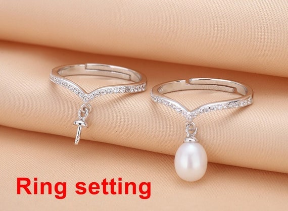 Ring Setting Blank 7.5mm 1pc 1.2g 925 Sterling Silver Adjustable CZ Semi Mount Round Shape Base for 1 Pearl Bead Wholesale Available