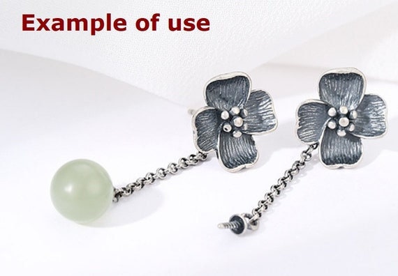 Stud Earring Chain Cup Pin Setting 6-10mm 1 Pair 2.3g 925 Sterling Silver Flower Base for 1 Pearl Bead Wholesale Available