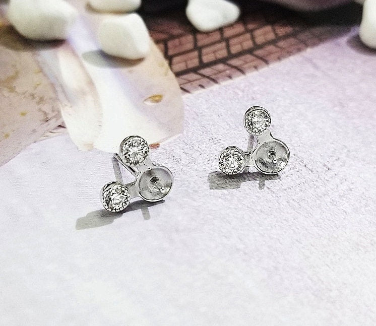 Stud Earring Setting Blanks 7.5mm 1 Pair 1.1g 925 Sterling Silver CZ Semi Mount Round Base for 1 Pearl Bead Wholesale Available