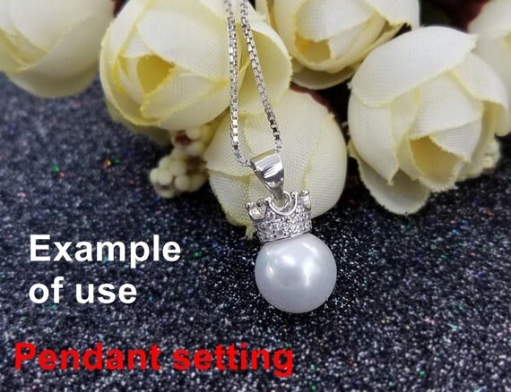 Necklace Pendant Setting Blank 10mm 1pc 0.9g 925 Sterling Silver CZ Semi Mount Crown Shape Base for 1 Pearl Bead Wholesale Available