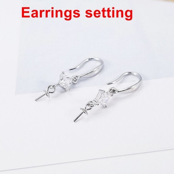 Hook Earring Setting Blanks 7mm 1 Pair 1.5g 925 Sterling Silver CZ Semi Mount Round Base for 1 Pearl Bead Wholesale Available