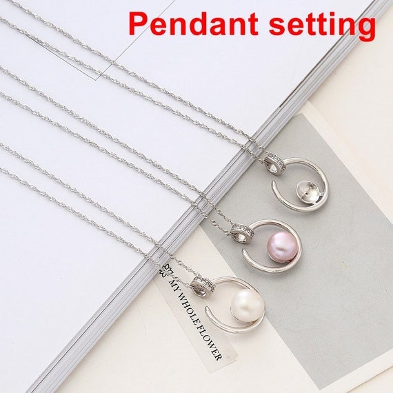 Necklace Pendant Setting Blank 9mm 1pc 2.2g 925 Sterling Silver Moon Shape Base for 1 Pearl Bead CZ Semi Mount Wholesale Available