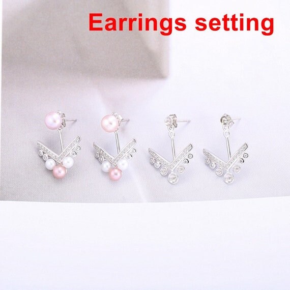 Stud Earring Setting Blanks 3 4 5mm 1 Pair 2.2g 925 Sterling Silver CZ Semi Mount Arrow Airplane Base for 4 Pearls Beads Wholesale Available