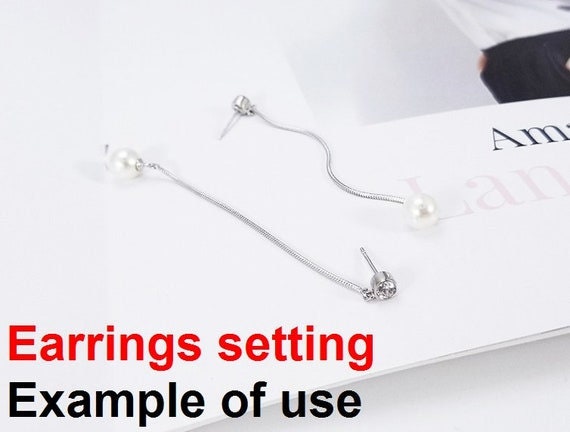 Stud Earring Setting Dangle Chain Cup 7mm 1 Pair 1.8g 925 Sterling Silver CZ Semi Mount Base for 1 Pearl Bead Wholesale Available