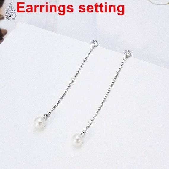 Stud Earring Setting Dangle Chain Cup 7mm 1 Pair 1.8g 925 Sterling Silver CZ Semi Mount Base for 1 Pearl Bead Wholesale Available