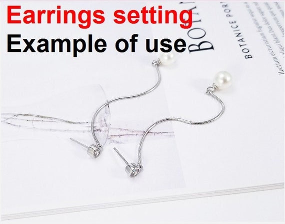 Stud Earring Setting Dangle Chain Cup 7mm 1 Pair 1.8g 925 Sterling Silver CZ Semi Mount Base for 1 Pearl Bead Wholesale Available