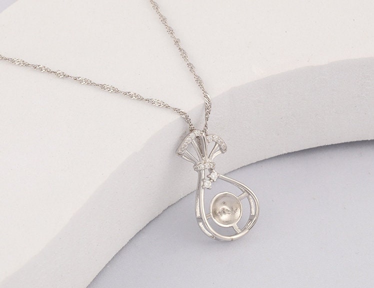 Necklace Pendant Setting Blank 9.5mm 1pc 1.3g 925 Sterling Silver Gift Bag Shape Base for 1 Pearl Bead CZ Semi Mount Wholesale Available