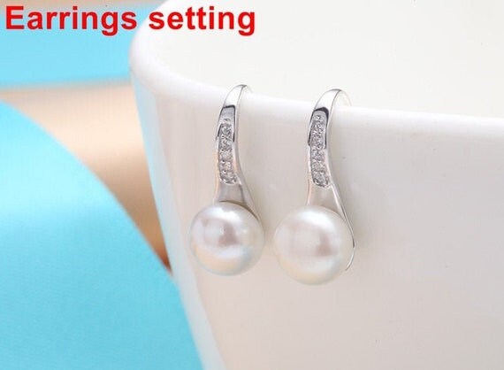 Hook Earring Setting Blanks 6.5mm 1 Pair 0.8g 925 Sterling Silver CZ Semi Mount Round Base for 1 Pearl Bead Wholesale Available