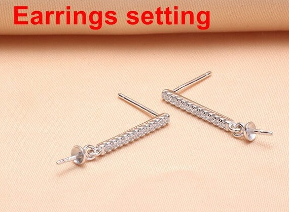 Stud Earring Setting Blanks 6mm 1 Pair 1.0g 925 Sterling Silver CZ Semi Mount Round Base for 1 Pearl Bead Wholesale Available