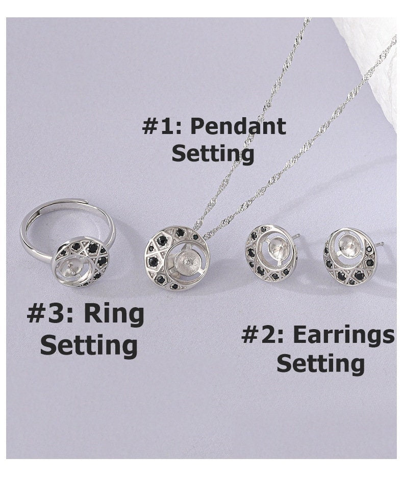 Setting Blanks Jewelry Set 925 Sterling Silver Halo Ring Earrings Pendant Necklace 7.5-8.5mm 1/4-3/8" CZ Mount Pearl Peg Cup Bead Bulk