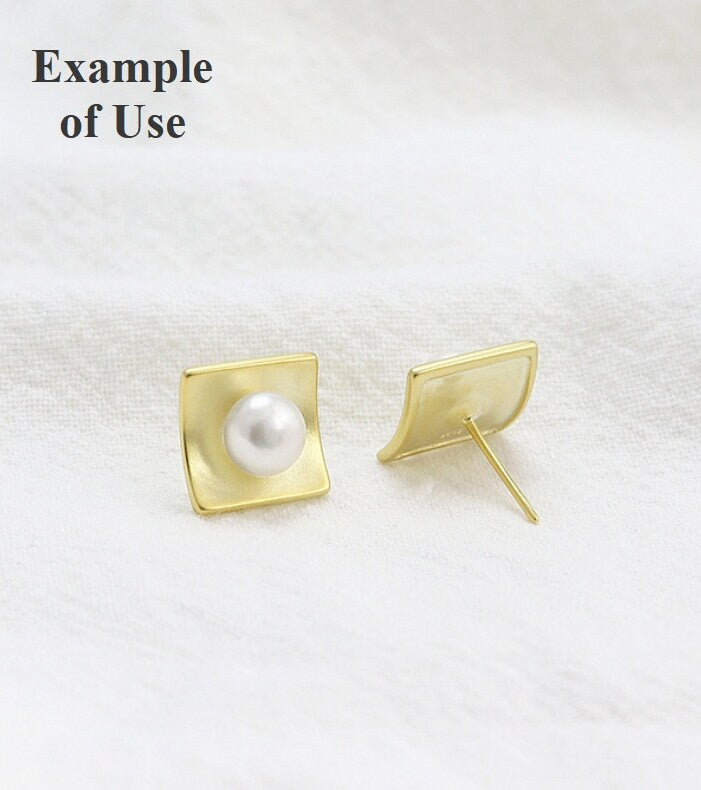 Pearl Earring Blank Setting Matte Gold 11mm Square Cup 925 Sterling Silver Bezel Fine For One Bead No Prongs DIY Jewelry Wholesale 1 Pair