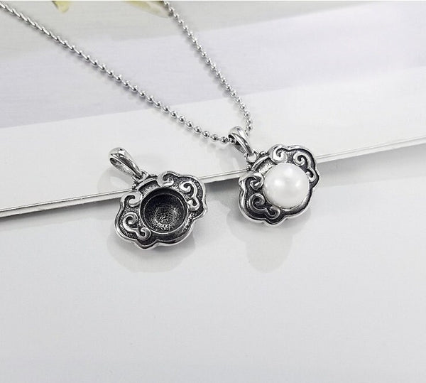 Necklace Pendant Blank Setting Vintage Flower Charm 22mm Sterling Silver Fine 925 For One Pearl No Prong DIY Jewelry Finding Wholesale 1pc