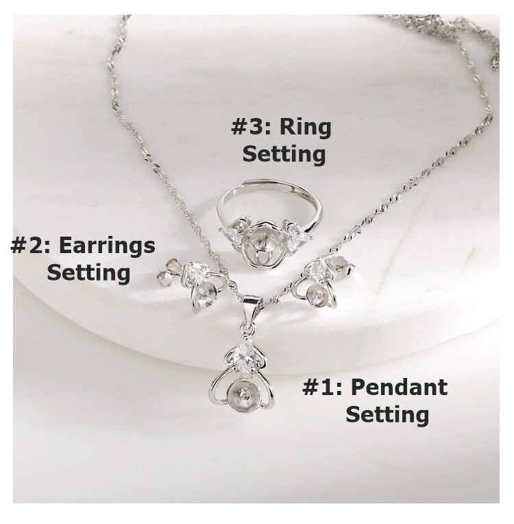 Setting Blanks Jewelry Set 925 Sterling Silver Halo Ring Earrings Pendant Necklace 7-9mm 1/4-3/8" CZ Mount Pearl Peg Cup Bead Bulk