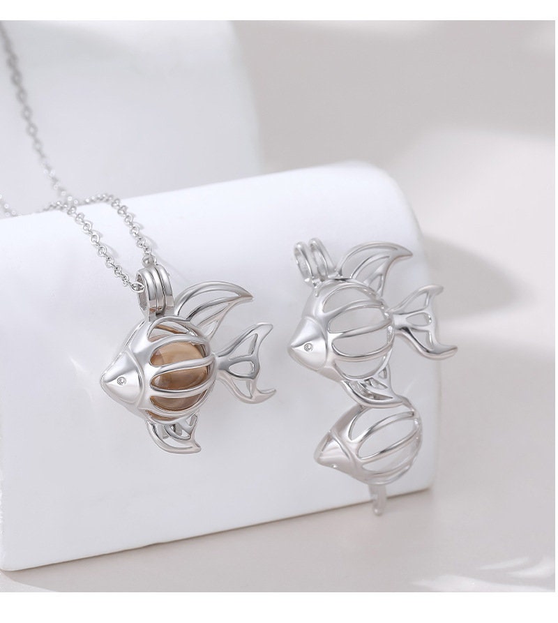 Necklace Pendant Blank Setting Fish Charm Box 22x25mm Sterling Silver Fine 925 For One Bead No Prong DIY Jewelry Finding Wholesale 1pc