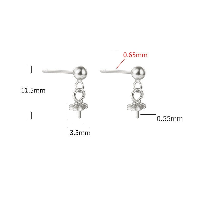 Pearl Earring Blank Setting 3.5x11.5mm Cross Strip Bar Cup 925 Sterling Silver Bezel Fine For One Bead DIY Jewelry Wholesale 1 Pair