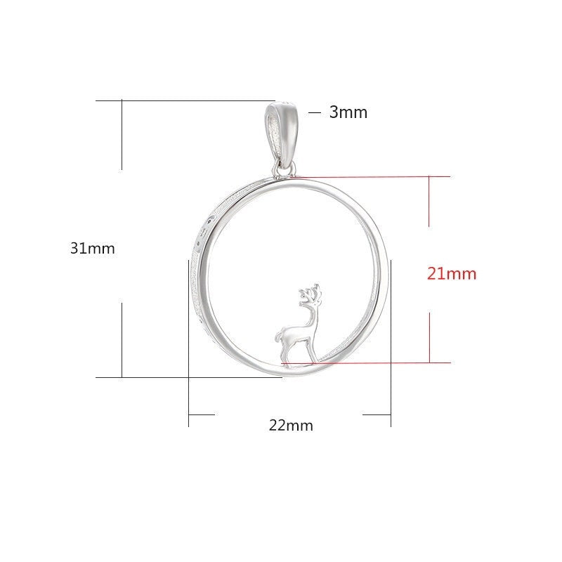 Necklace Pendant Frame Setting Deer Round Base 21mm Sterling Silver Fine 925 For One Cabochon No Prongs DIY Jewelry Finding Wholesale 1pc