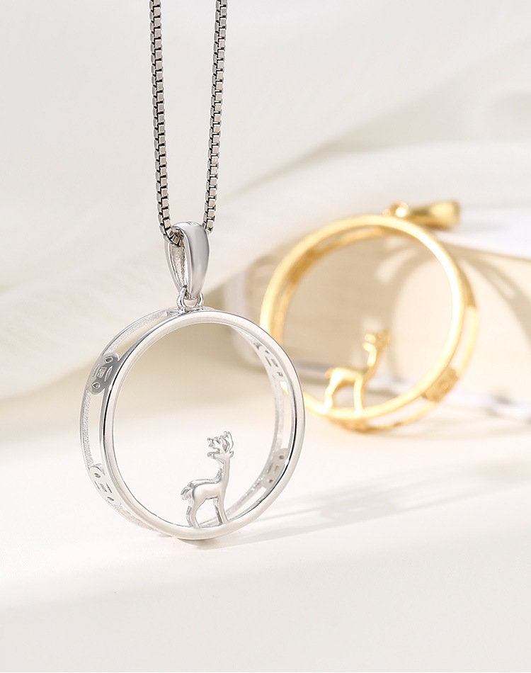 Necklace Pendant Frame Setting Deer Round Base 21mm Sterling Silver Fine 925 For One Cabochon No Prongs DIY Jewelry Finding Wholesale 1pc