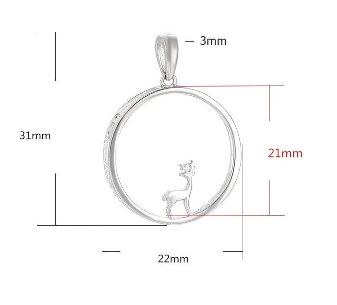 Necklace Pendant Frame Setting Deer Round Base 21mm Sterling Silver Fine 925 For One Cabochon No Prongs DIY Jewelry Finding Wholesale 1pc