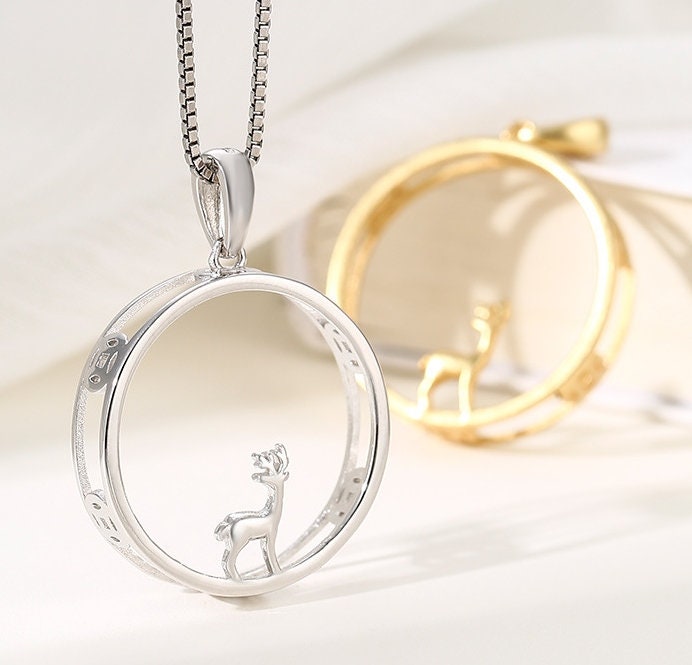 Necklace Pendant Frame Setting Deer Round Base 21mm Sterling Silver Fine 925 For One Cabochon No Prongs DIY Jewelry Finding Wholesale 1pc