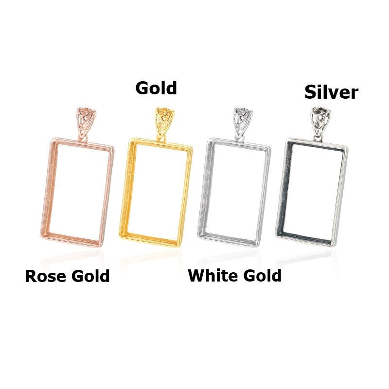 Simple Rectangle Base Pendant Setting Fine Sterling Silver Rose Gold 925 14-30 mm For One Stone Gemstone No Prongs DIY Jewelry Wholesale