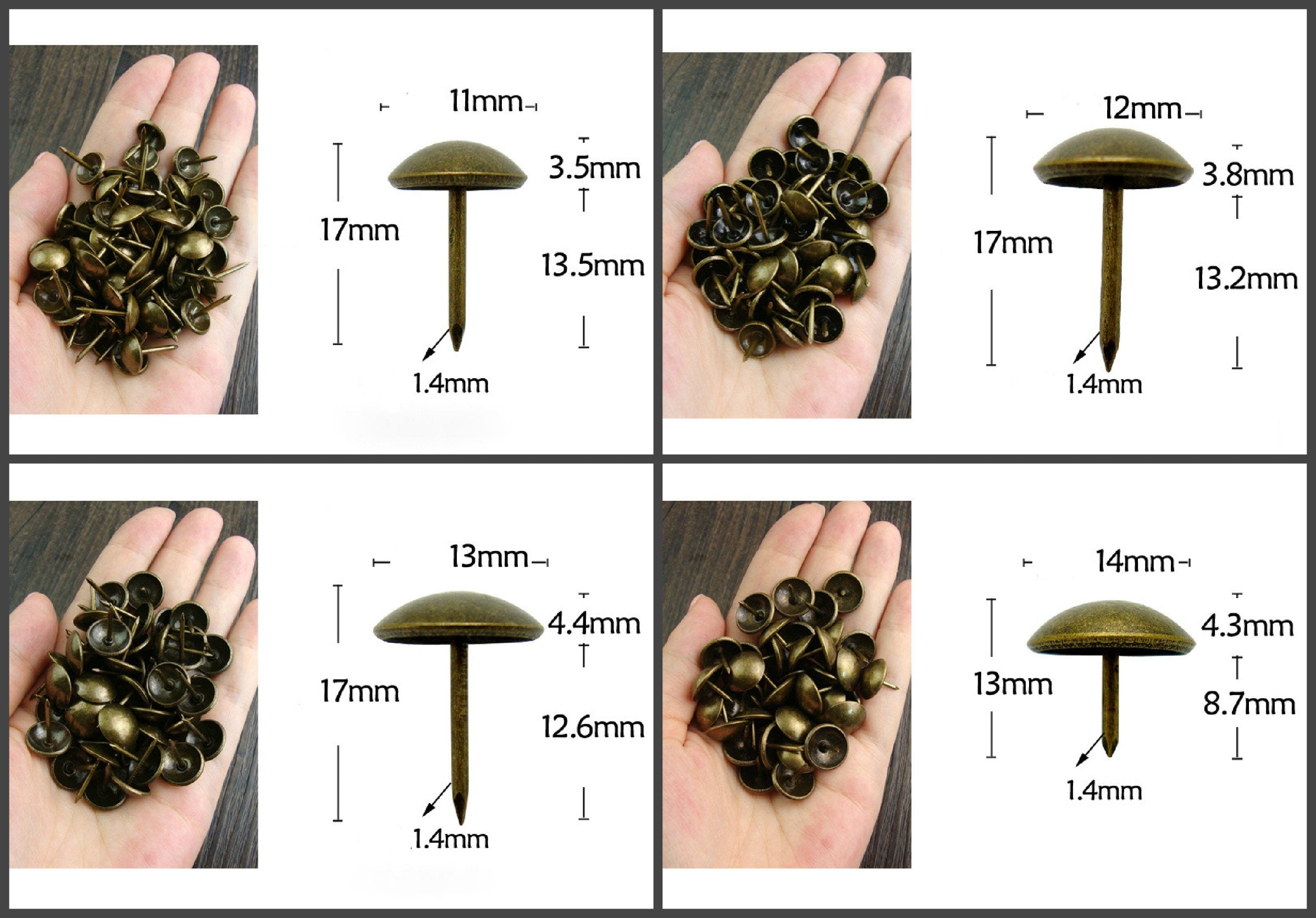 Iron Round Decorative Screw Nails - Antique Bronze Finish Hardware - 6x12mm Ant. Bronze / 5pcs