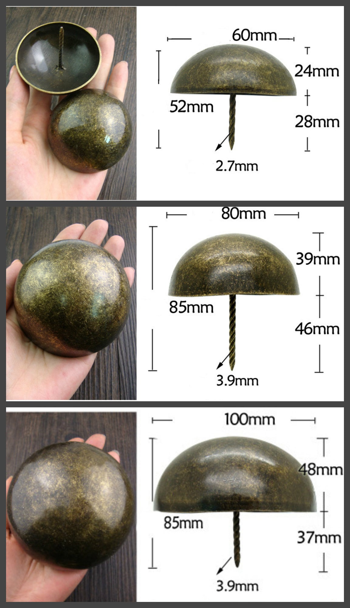 Iron Round Decorative Screw Nails - Antique Bronze Finish Hardware - 6x12mm Ant. Bronze / 500pcs
