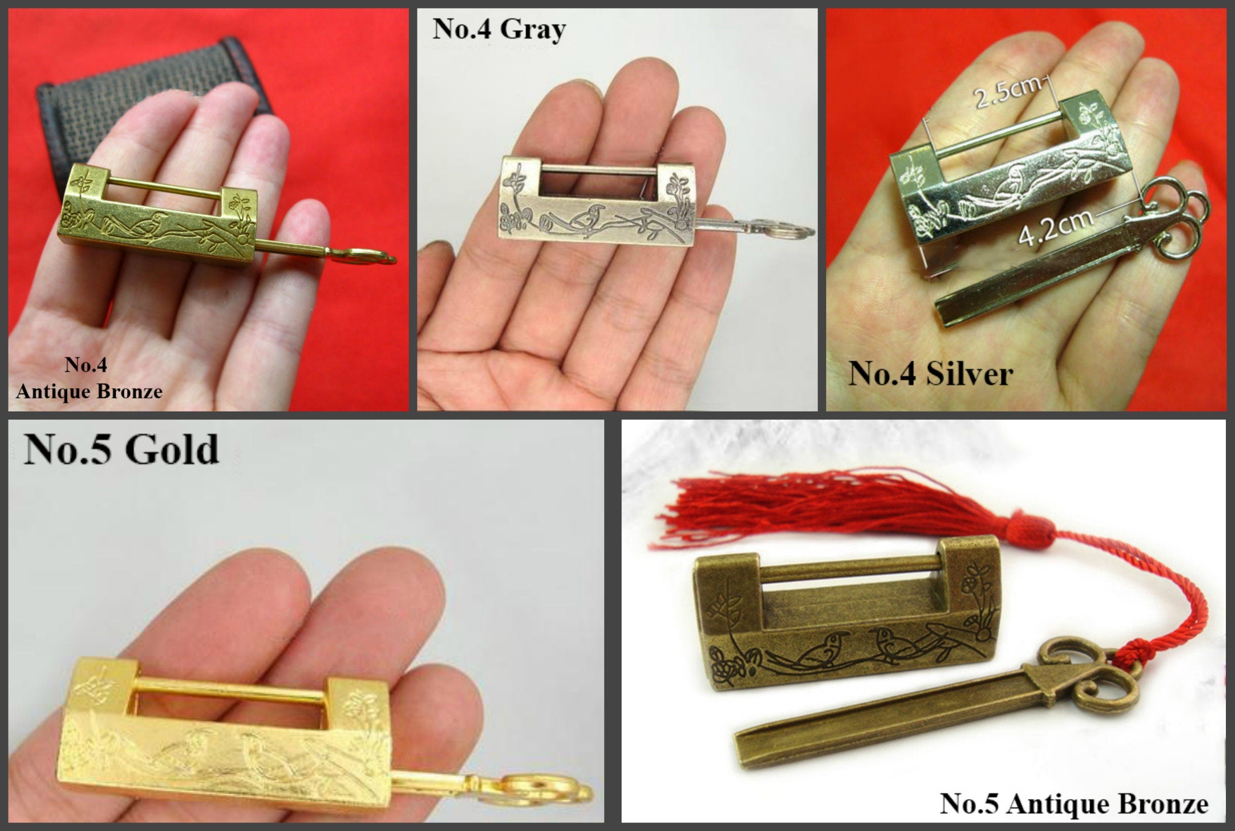 Zinc Alloy Oriental Decorative Padlocks - Antique Bronze Finish - No.1 Gold 32mm / 5pcs